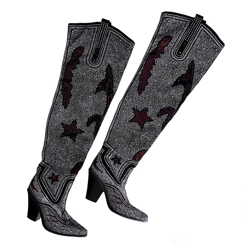 Azalea Wang Crystal Rhinestone Western Star Thigh High Heeled Boots Black Red 9